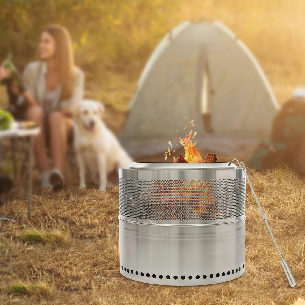 Lumen, brasero rond pliable en inox, en situation