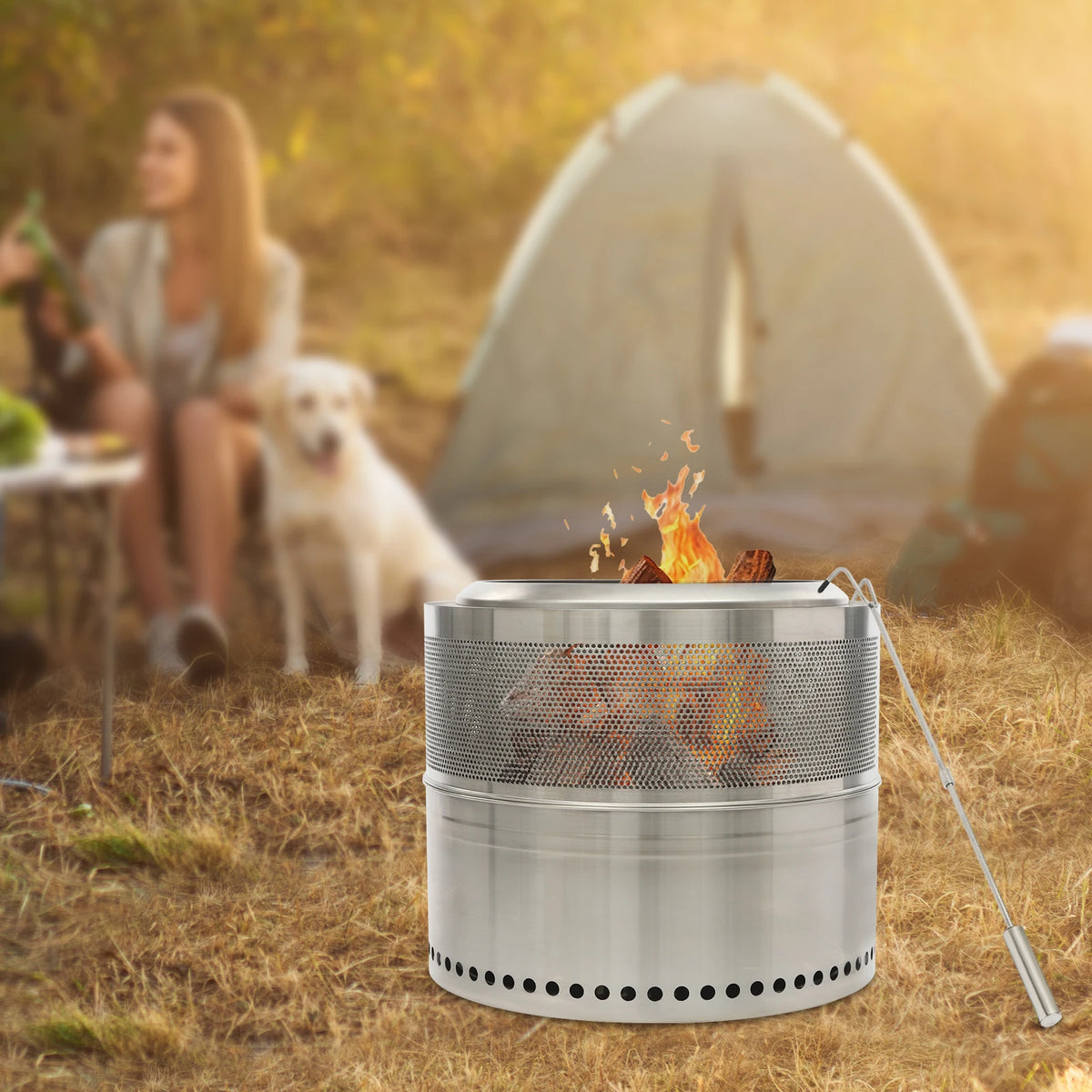Lumen, brasero rond pliable en inox, en situation