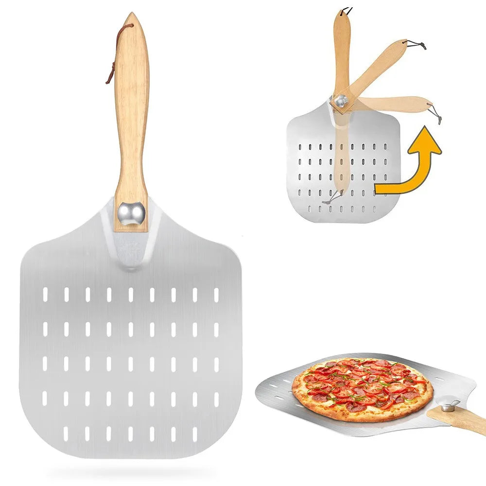 Pelle à pizza perforée, manche en bois repliable