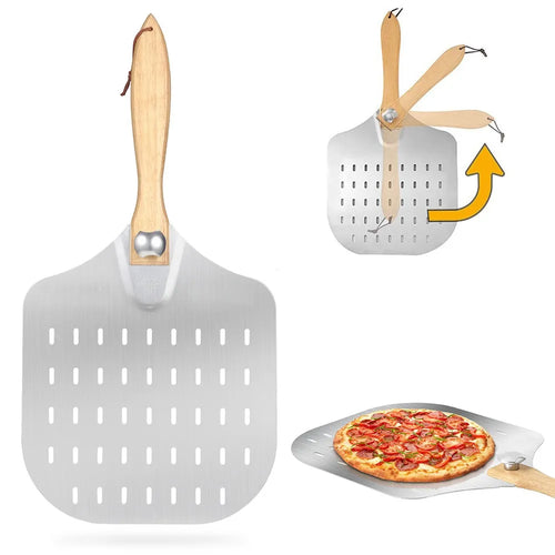 Pelle à pizza perforée, manche en bois repliable