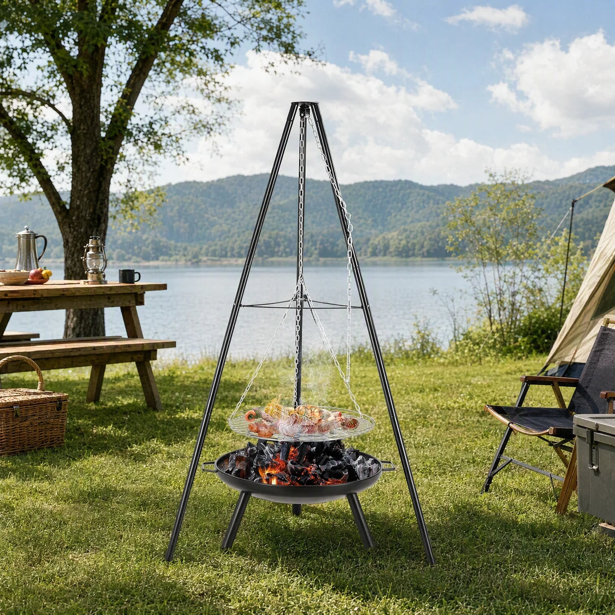 Campo 68, brasero trépied à grille suspendue, vue d'ensemble